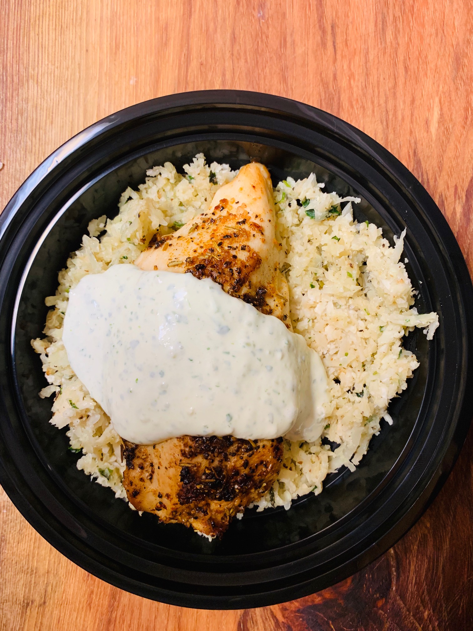 Herb Chicken with Cilantro Lime Cauliflower Rice and Sour Cream Sauce